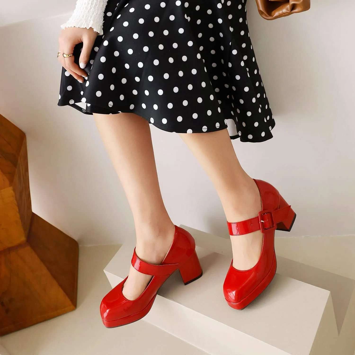 Women's Vintage Patent Leather Block Mary Jane Heels, Retro Chunky Platform Work Mary Janes Pumps, Ankle Strap Mary Jane Shoes