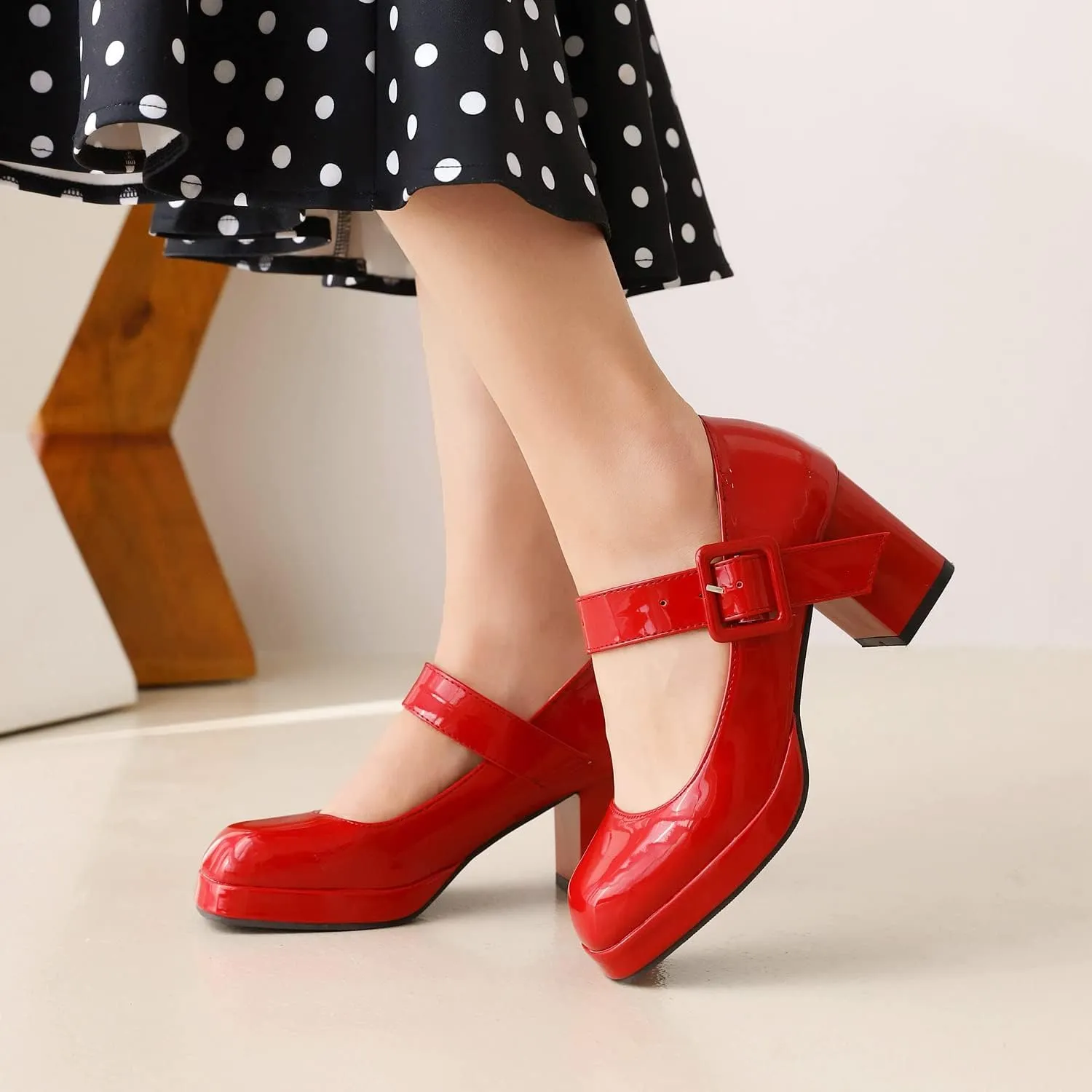 Women's Vintage Patent Leather Block Mary Jane Heels, Retro Chunky Platform Work Mary Janes Pumps, Ankle Strap Mary Jane Shoes