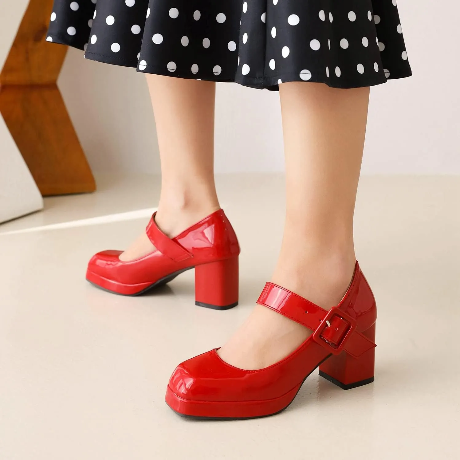 Women's Vintage Patent Leather Block Mary Jane Heels, Retro Chunky Platform Work Mary Janes Pumps, Ankle Strap Mary Jane Shoes