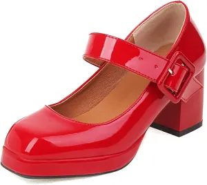 Women's Vintage Patent Leather Block Mary Jane Heels, Retro Chunky Platform Work Mary Janes Pumps, Ankle Strap Mary Jane Shoes