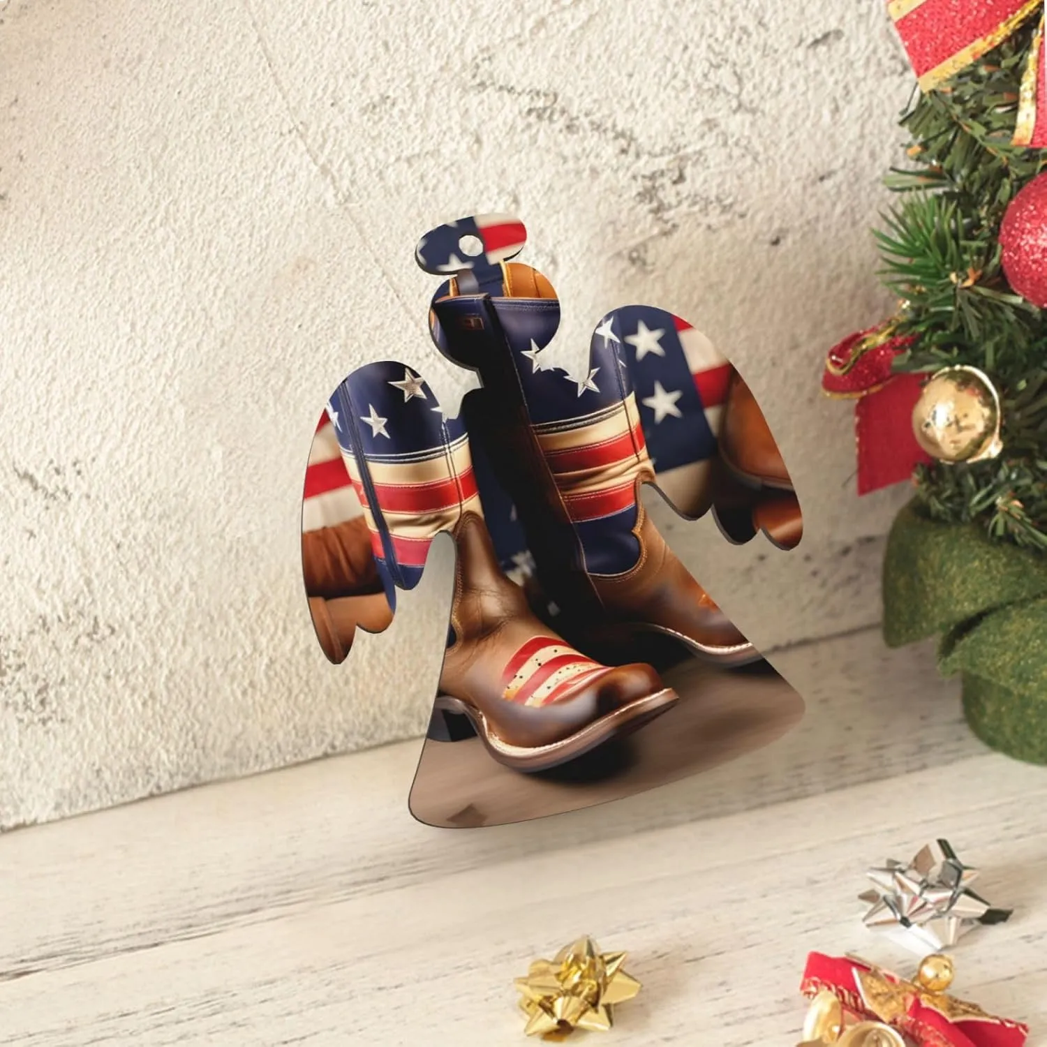 Wooden Christmas Tree Ornaments Set,Hanging Decorations – Angel, Snowman Ornaments Gift & Round Pine Tree Décor American Flag with Cowboy Boots