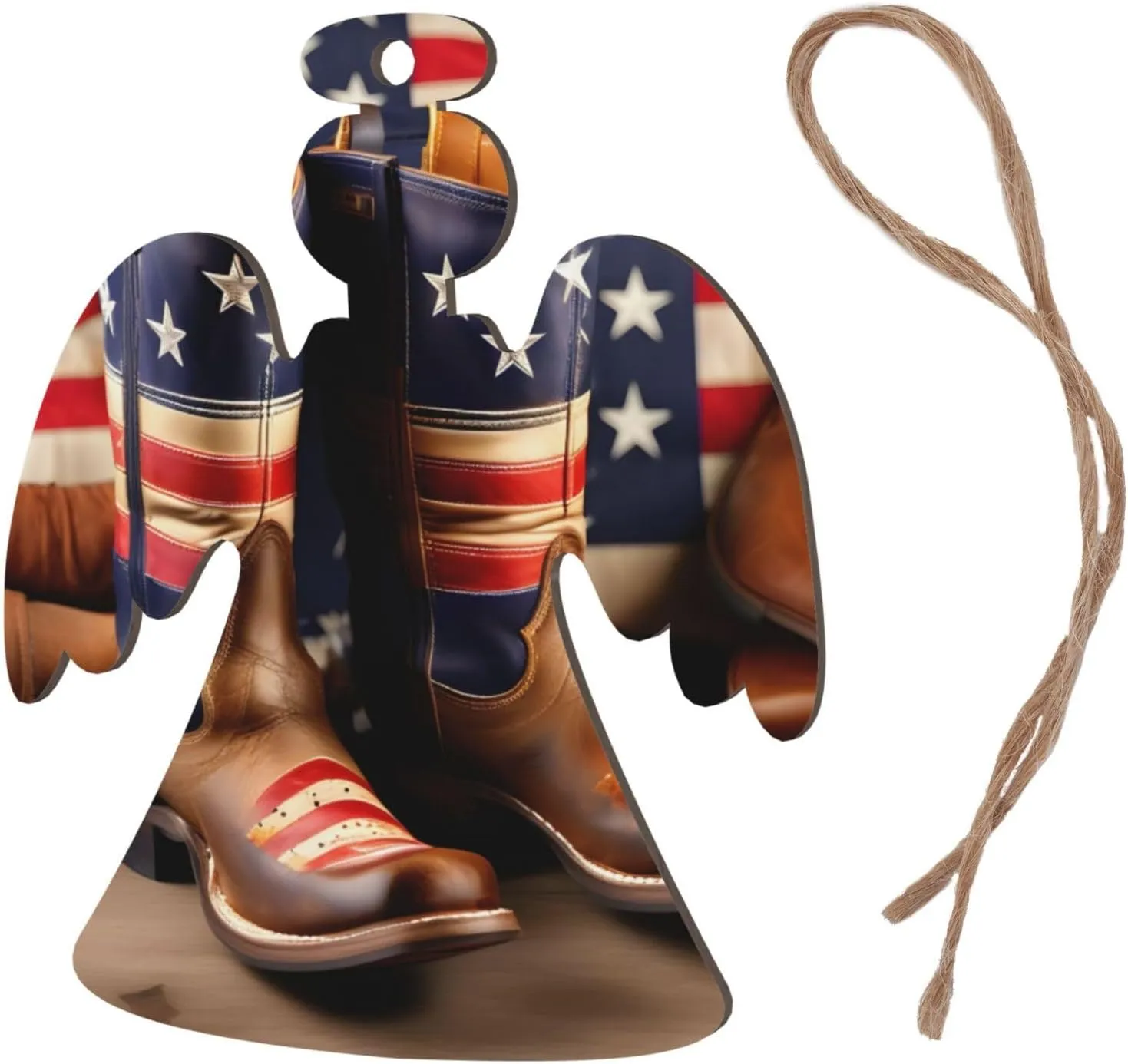 Wooden Christmas Tree Ornaments Set,Hanging Decorations – Angel, Snowman Ornaments Gift & Round Pine Tree Décor American Flag with Cowboy Boots