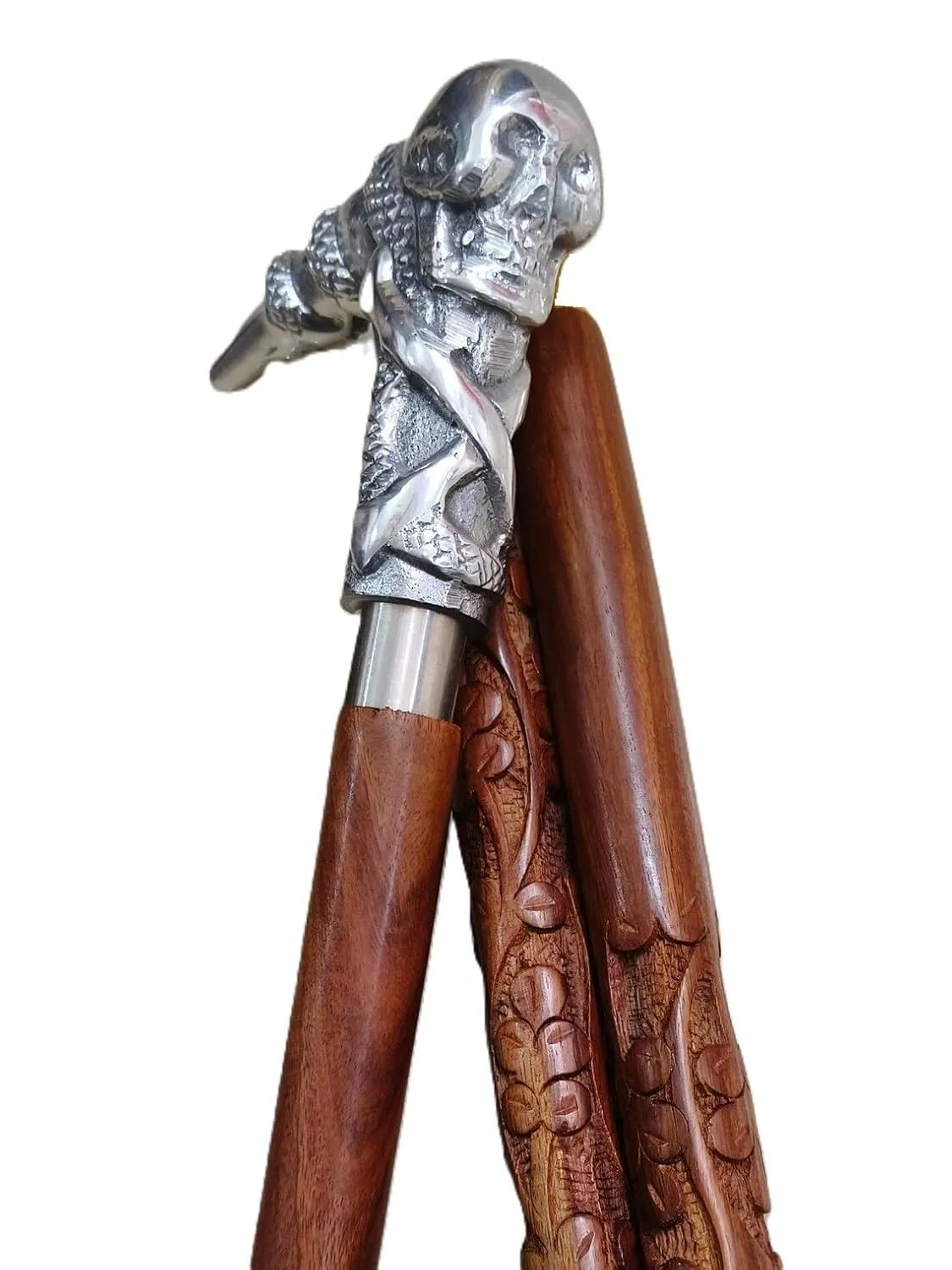 Wooden Octopus & Skull Head Engraved Hand carved Cane - Premium Wood Carved Walking Stick With Ergonomic Palm Grip Handle - 36" Brown Handmade Elegant Carved Walking Stick For Men Women