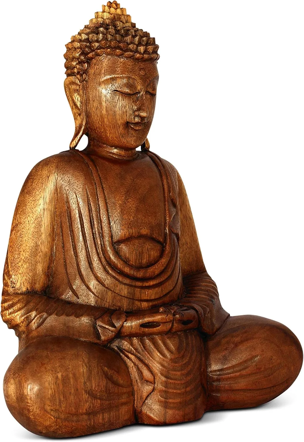 Wooden Serene Sitting Buddha Statue Handmade Meditating Sculpture Wood Figurine Decorative Accent Handcrafted Traditional Modern Contemporary Oriental Decor Hands In Lap Buddha (8" Tall)