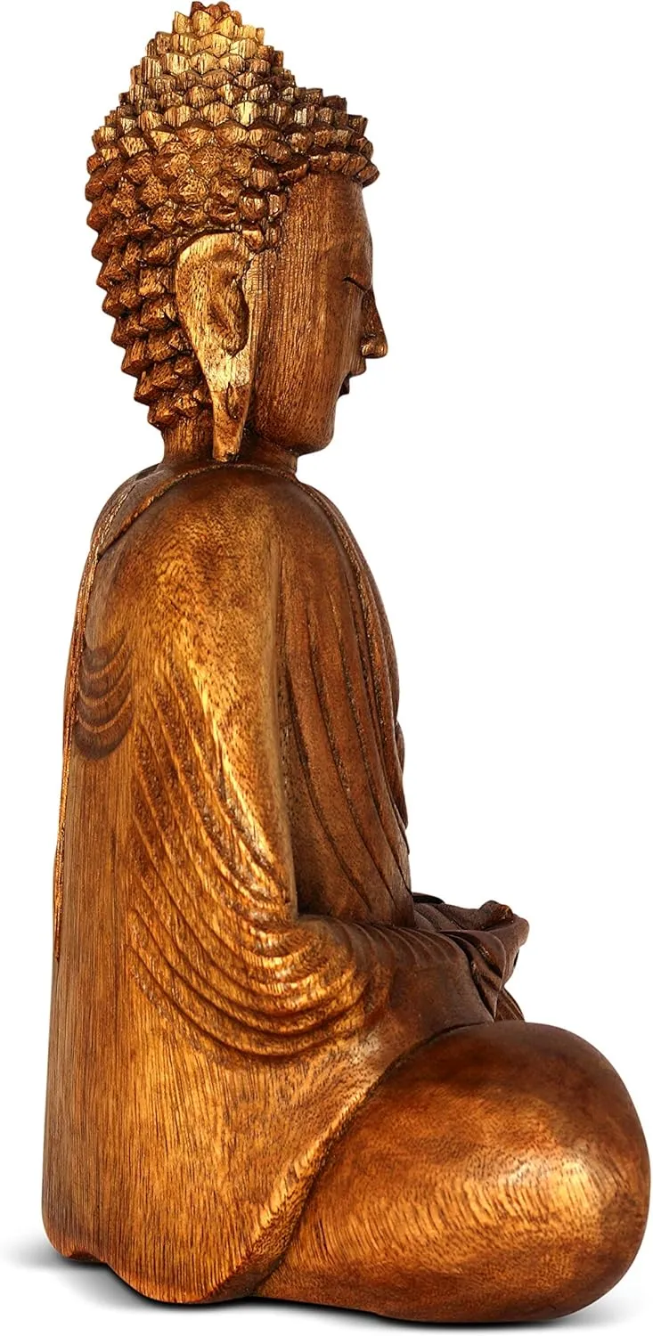 Wooden Serene Sitting Buddha Statue Handmade Meditating Sculpture Wood Figurine Decorative Accent Handcrafted Traditional Modern Contemporary Oriental Decor Hands In Lap Buddha (8" Tall)