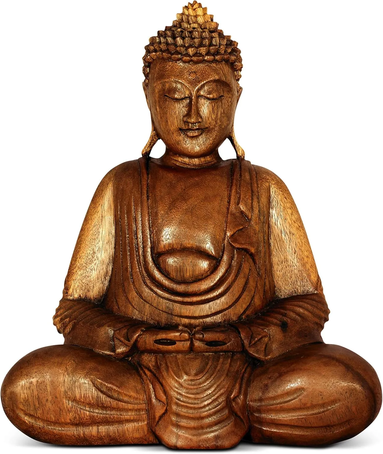 Wooden Serene Sitting Buddha Statue Handmade Meditating Sculpture Wood Figurine Decorative Accent Handcrafted Traditional Modern Contemporary Oriental Decor Hands In Lap Buddha (8" Tall)