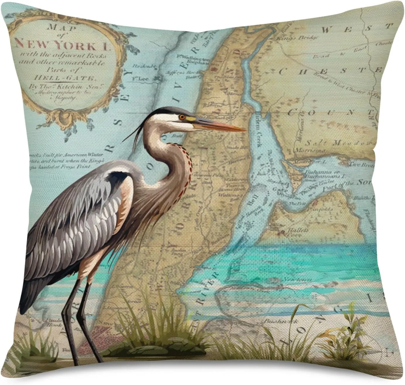 Xihomeli Set of 2 Throw Pillow Cover Herons & White Egret Watercolor Painting Bird Walk by The Sea with Retro River Map Background Design Cotton Linen Cushion Case 18" x 18" Pillowcase (2 Pack Herons)