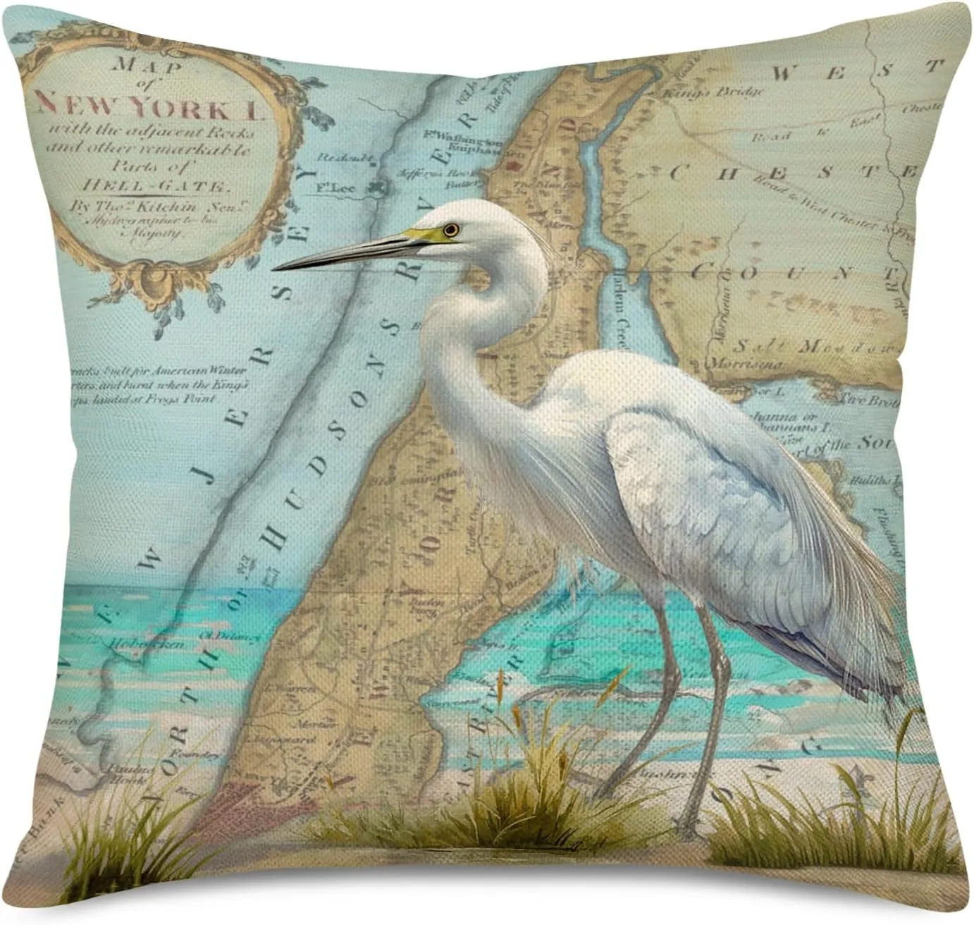 Xihomeli Set of 2 Throw Pillow Cover Herons & White Egret Watercolor Painting Bird Walk by The Sea with Retro River Map Background Design Cotton Linen Cushion Case 18" x 18" Pillowcase (2 Pack Herons)