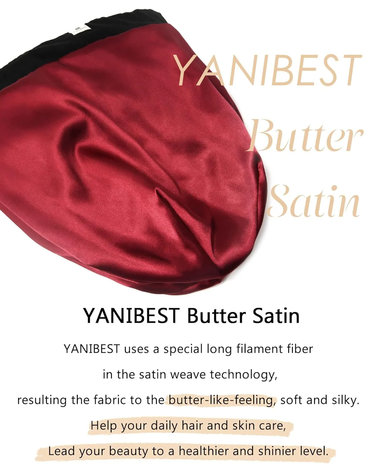 YANIBEST Silk Satin Bonnet Hair Wrap for Sleeping, Adjustable Slouchy Beanie for Women, Silk Lined for Curly Hair and Braids, Black-Wine