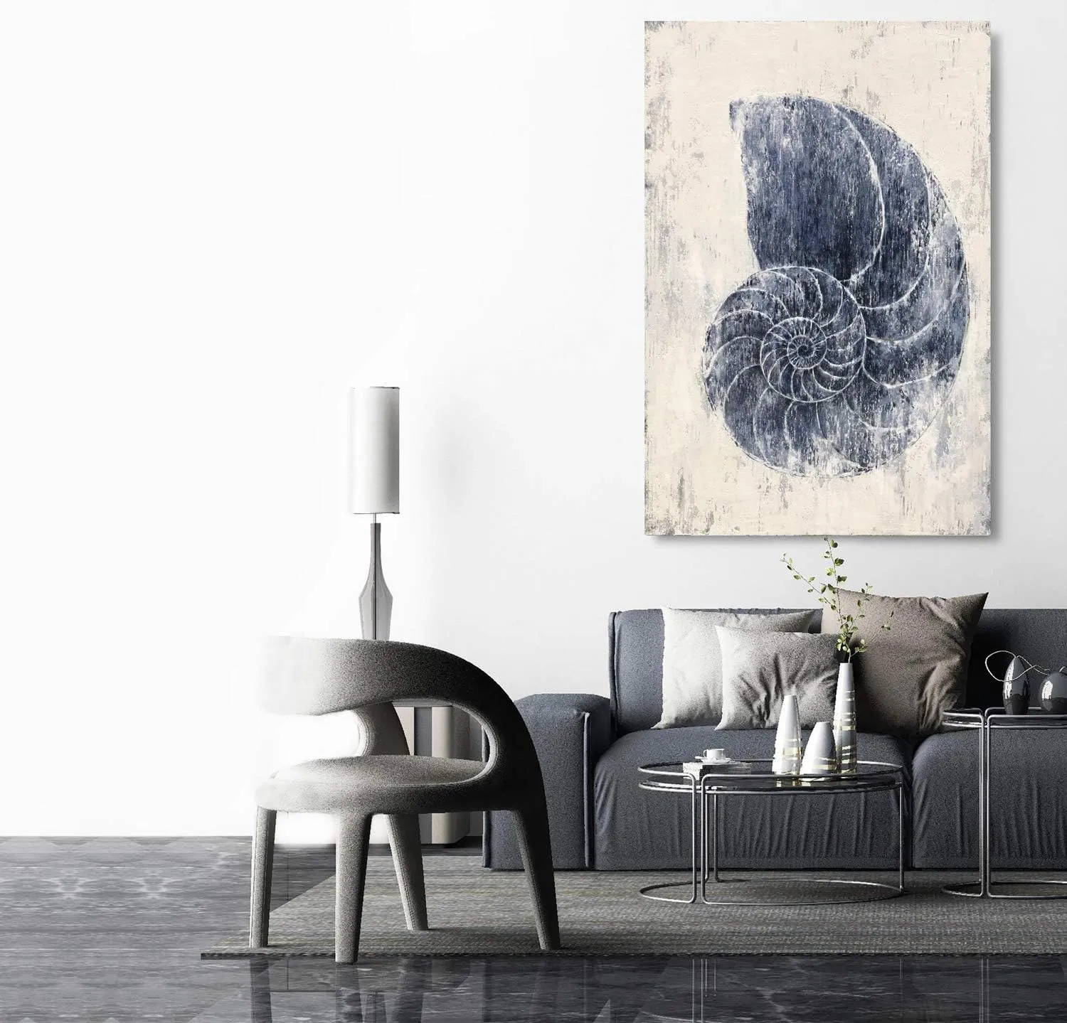Yihui Arts Coastal Wall Art For Living Room Hand Painted Blue And White Conch Oil Painting Pictures Home Decoration