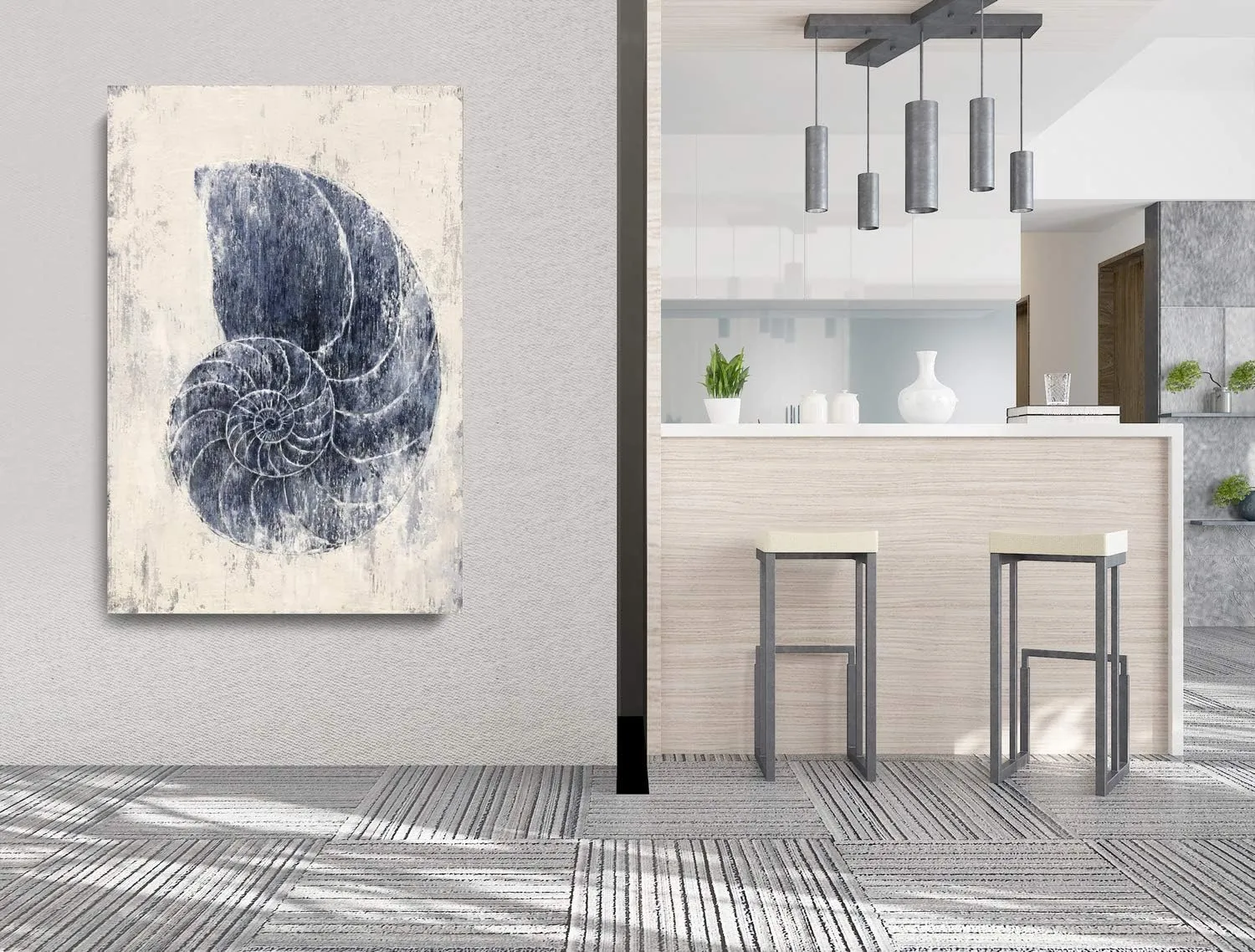 Yihui Arts Coastal Wall Art For Living Room Hand Painted Blue And White Conch Oil Painting Pictures Home Decoration