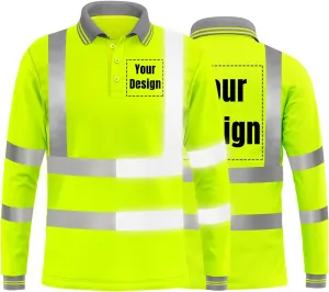YOWESHOP Hi-Vis Safety T-Shirt Add Your Design Long Sleeve Protective Polo Shirts with Reflective Strips (2XL, Neon Yellow - Style 8)