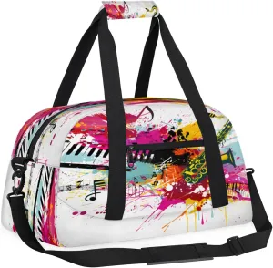 Yzrwebo Music Jazz Theme Kids Gym Sport Bag for Boys Girls, Piano Saxophone Travel Duffle Bag Gymnastics Dance Bag Teen Weekender Overnight Carry on Tote Bags