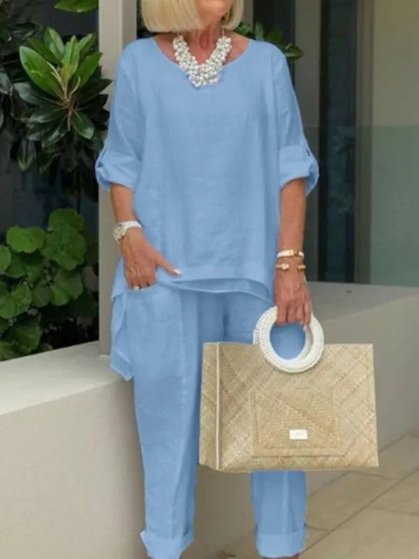 ZOCAVIA 2 Piece Summer Cotton Linen Sets for Women Dovetail Hem Long Sleeve Shirts Wide Leg Pants Suit Outfits with Pockets