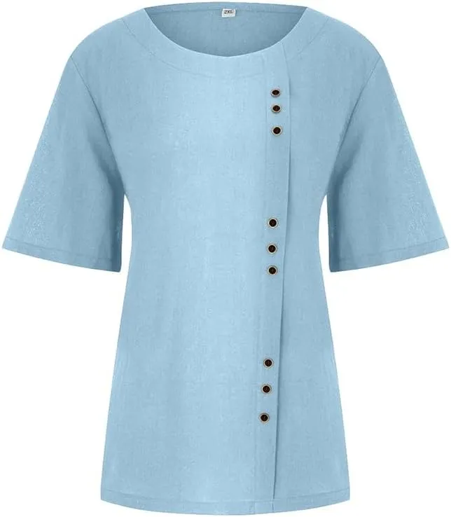 ZOCAVIA Women's Cotton Linen Shirts Summer Casual Boho Floral Short Sleeve Buttons Blouse Oversized Loose Ladies Tunic Tops