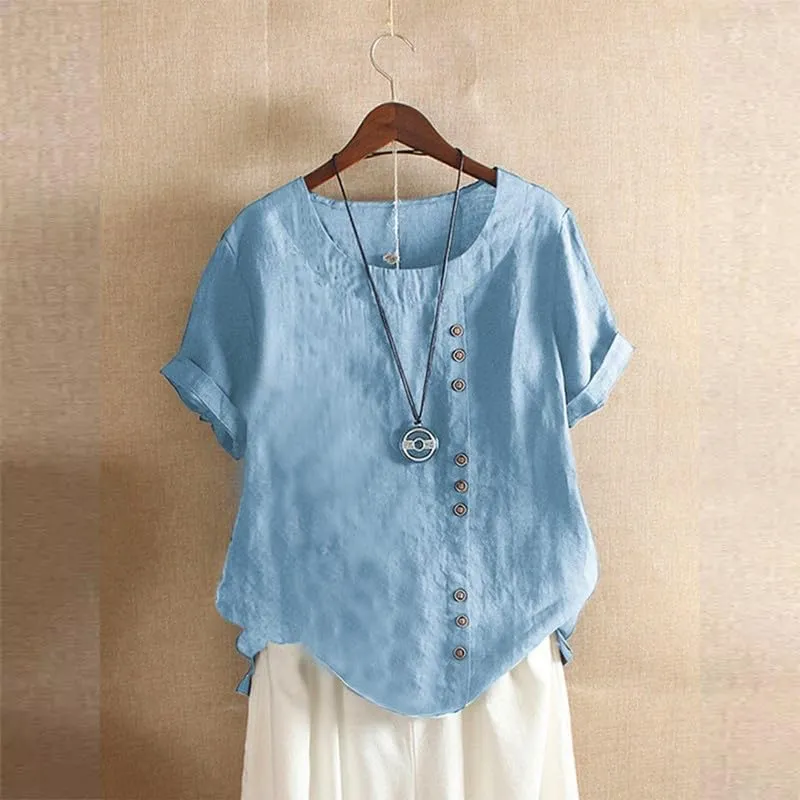 ZOCAVIA Women's Cotton Linen Shirts Summer Casual Boho Floral Short Sleeve Buttons Blouse Oversized Loose Ladies Tunic Tops