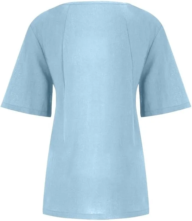 ZOCAVIA Women's Cotton Linen Shirts Summer Casual Boho Floral Short Sleeve Buttons Blouse Oversized Loose Ladies Tunic Tops