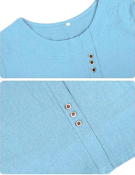 ZOCAVIA Women's Cotton Linen Shirts Summer Casual Boho Floral Short Sleeve Buttons Blouse Oversized Loose Ladies Tunic Tops